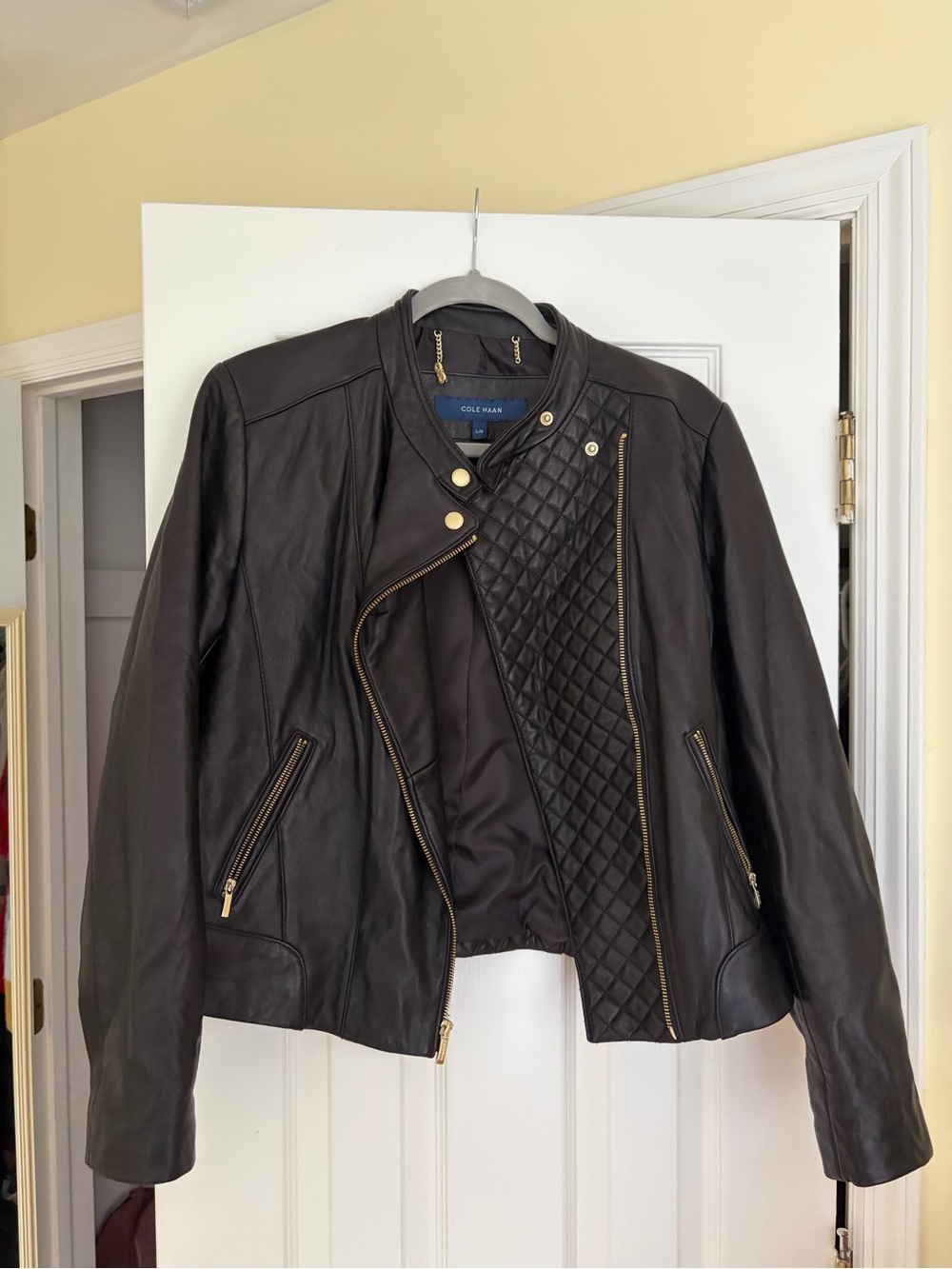 Cole Haan Black Quilted-Panel Leather Moto Jacket with Gold Hardware